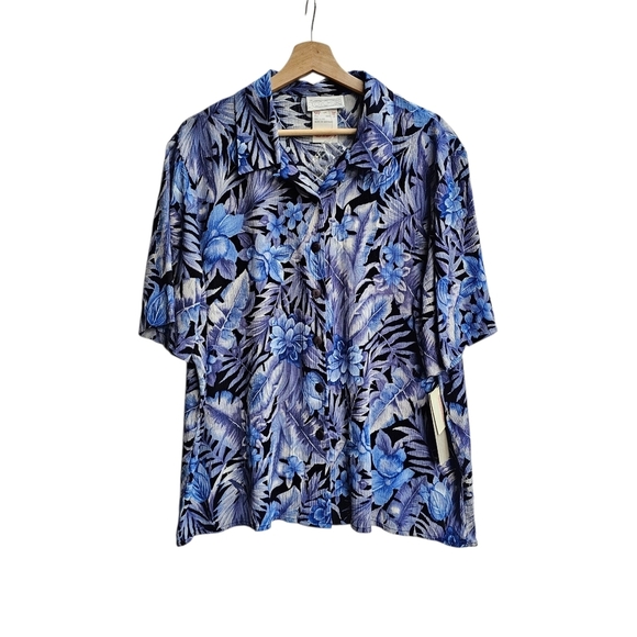Orchid Tops - Vintage Blue and White Tropical Leaf Floral Button Up Blouse Semisheer XL NOS
